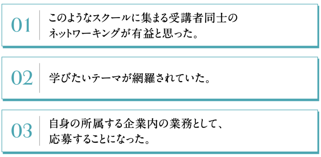 本スクールへの応募を決めた理由トップ３ 